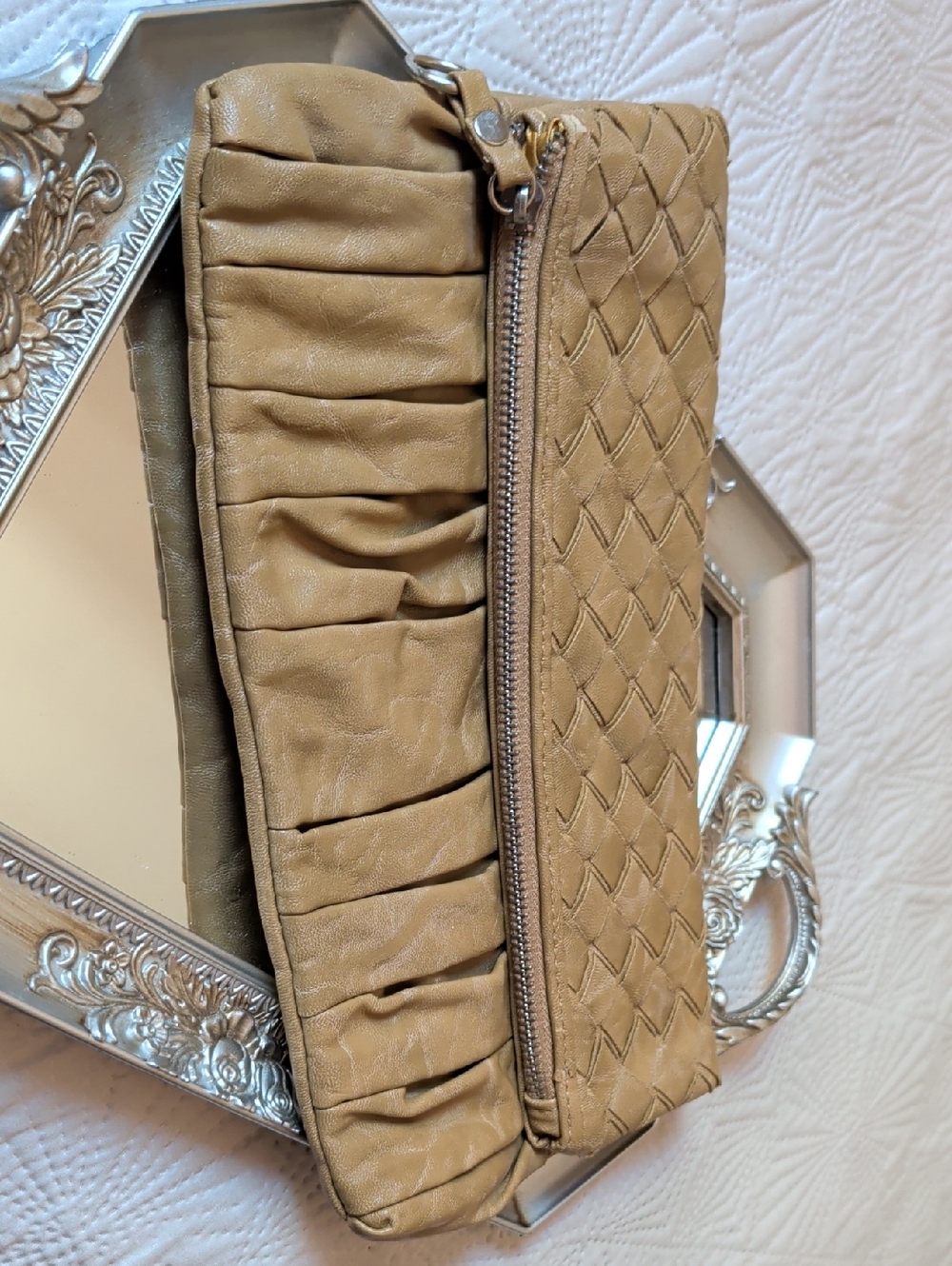 Woven Detail Faux Tan Leather Clutch
